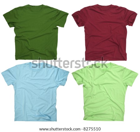 Photograph of four blank t-shirts, burgundy, dark green, lime, and light blue. Ready for your design or logo.