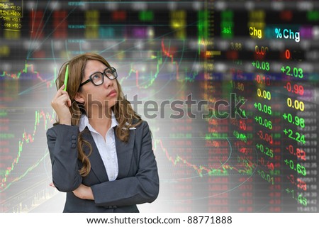 business woman thinking in stock exchange board