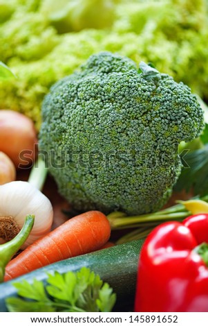 Close up of various colorful raw vegetables, shallow depth of field
