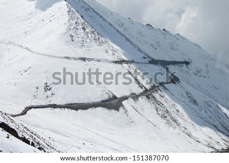 Roads along the high mountain to Chang-La Pass, more than 5,400 metres above sea-level,Leh Ladakh, India.