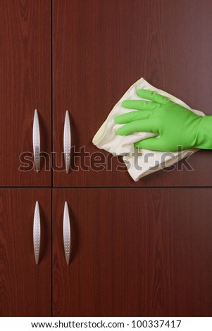 cleaner hand polishing the door of closet