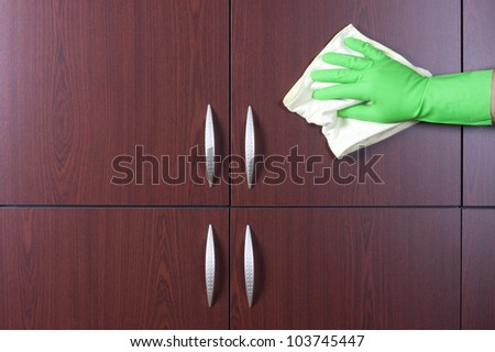 cleaner hand polishing the door of closet