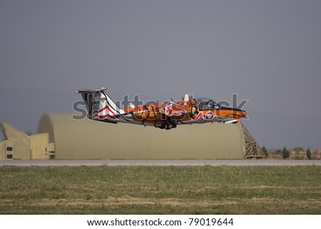 IZMIR,TURKEY – JUNE 06 :austria demonstration team ´´saab j105 oe´´  jet takes off at ´´Airshow Turkey´´ on june 06 2011 in izmir, Turkey,