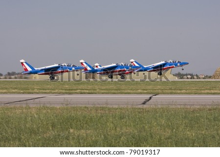 IZMIR,TURKEY – JUNE 06 :french demonstration team ´´patrol of france´´  jet takes off at ´´Airshow Turkey´´ on june 06 2011 in izmir, Turkey,