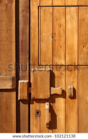 Detail of a closed wooden door with big wooden lock in an old shack
