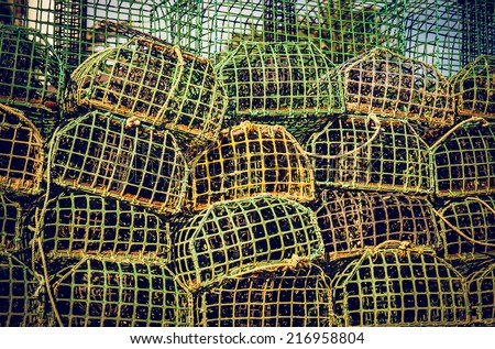 background of piled group of fishing cage traps