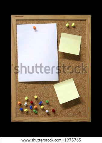 Corkboard with blank paper pins and post-it Corkboard with blank paper pins and post-it