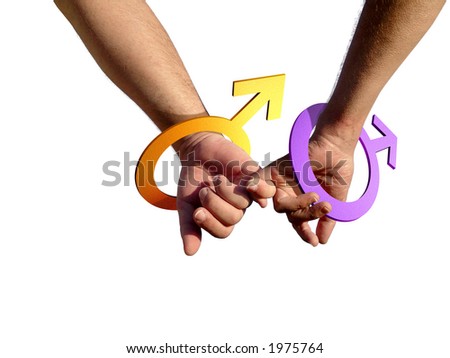 stock photo : Two gay men holding hands with male symbol as bracelets.