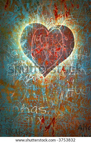 Colorful grunge background with graffiti, writings, a heart and a slight vignette.