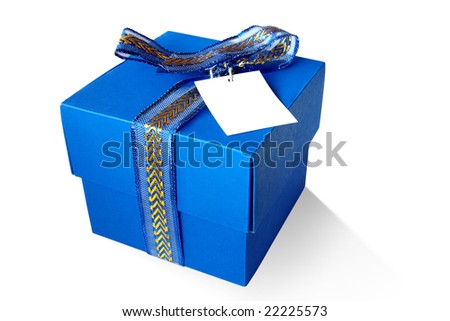Blue gift box with blank note card and a gold and blue lace