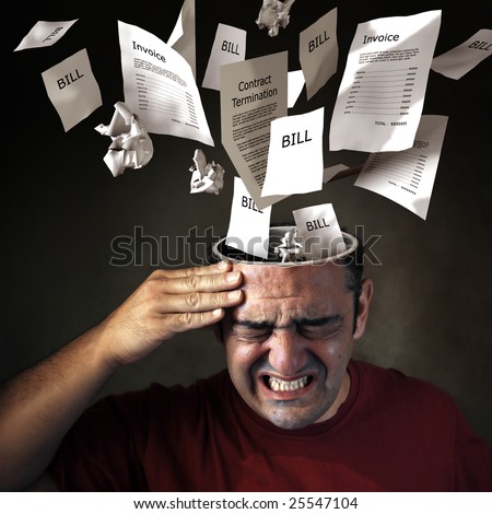 Bills and financial papers coming out of a mans head with pain expression