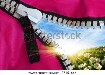 Open zipper of a camping tent showing a beautiful flower bed and blue sky
