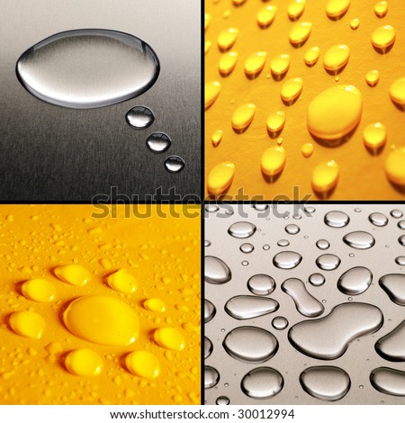 Collection of four water drops images in grey and yellow