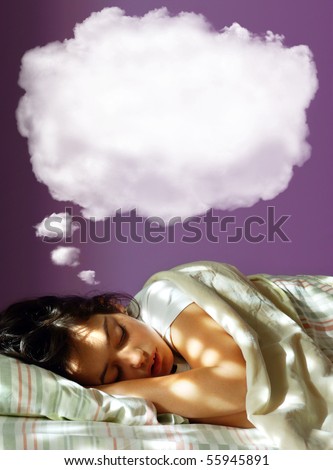 Young girl sleeping in her bed, with a dreaming fluffy balloon above her head