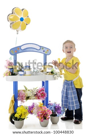 An adorable preschooler delighted as she tends her flower stand.  The stand\'s signs are left blank for your text.  On a white background.