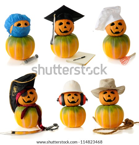 Six pumpkin-heads wearing  hats depicting differing human characters -- a surgeon, graduate, chef, pirate, construction worker, and cowboy.  On a white background.