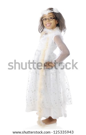 A pretty elementary girl happily showing off her white dress and boas.  On a white background.