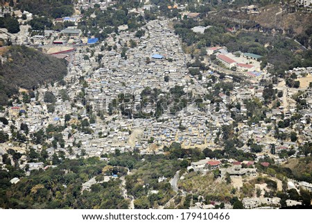 An overhead view of a very crowded neighborhood in Port Au Prince, Haiti.