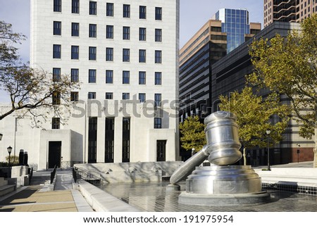 A giant outdoor gavel beside the Columbus, OH, Hall of Justice.