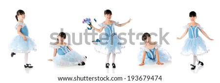 Panel of five poses for a young tap dancer.  On a white background.