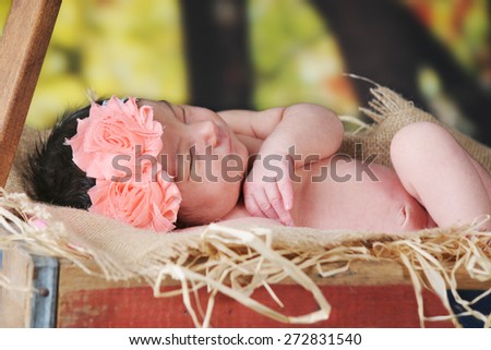 A beautiful newborn girl sleeping outside in a rustic hay-filled wagon.