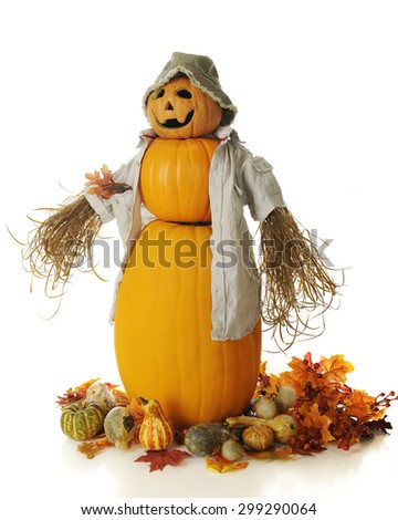 A snowman style pumpkin man with a bucket hat, casual shirt and bushy arms.  He\'s surrounded by autumn leaves, foliate and gourds.  On a white background.