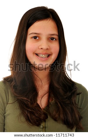 stock photo Portrait of a smiling preteen beauty with braces