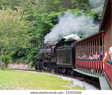 A vintage steam engine leading a tour train.