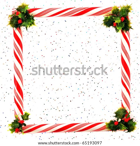 A peppermint frame and holly corners on a sparkly background.