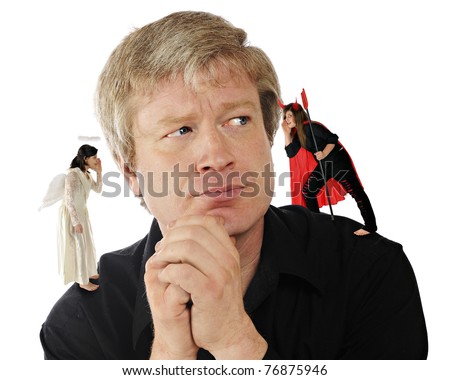 Конкурс " Бог и Дьявол ". - Страница 3 Stock-photo-a-mid-age-man-contemplating-a-decision-while-an-angel-daughter-whispers-in-one-ear-and-a-devil-76875946