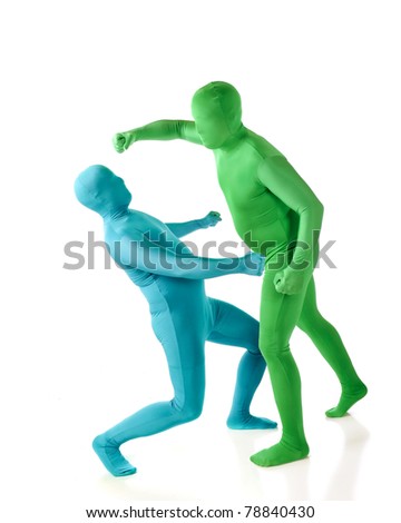 A green morph and blue morph man in a fist fight.  Isolated on white.