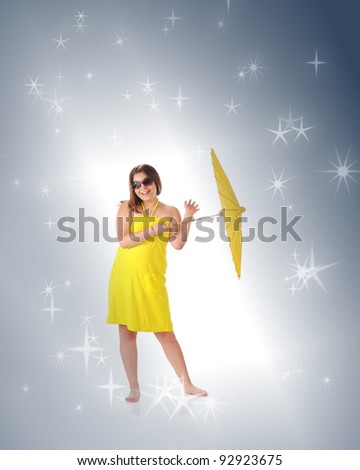 An attractive young teen happy in her sundress, sunglasses and parasol, entering a bright spot and surrounded by stars.