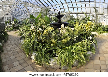 A black fountain surrounded by beautiful, tall foliage under the glass cover of the Franklin Park Conservatory, Columbus, OH.  Fish-eye effect.