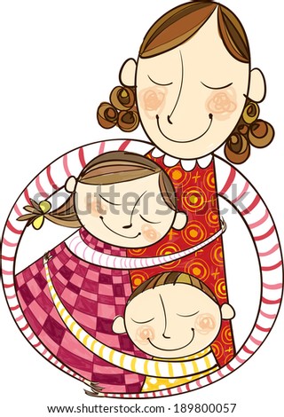 The mother is hugging children The mother is hugging children
