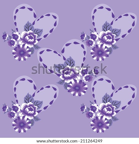 Purple flowers with leaves and hearts lined up on the color purple.