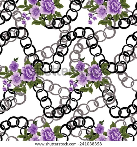 Design background with chains. The beautiful purple flowers.
