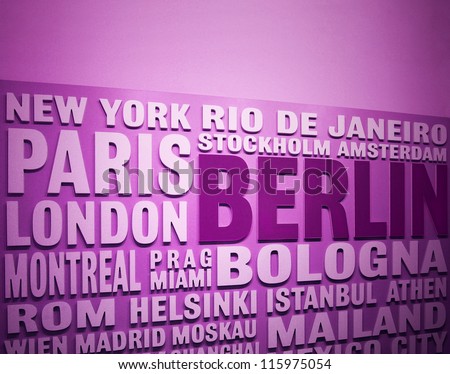 Graphic of some city names in purple and pink