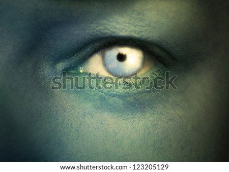 Close up of an human eye with a sky in the iris representing an ecological concept