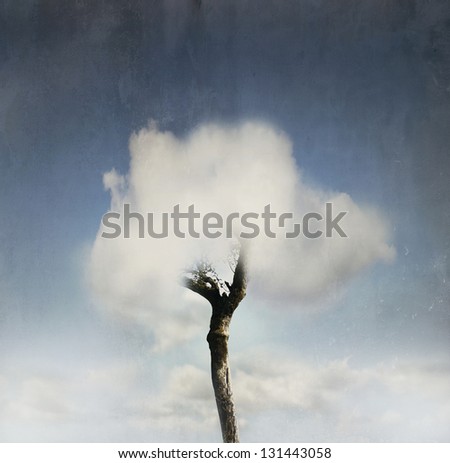 Fantasy tree with a cloud instead of crown of the tree and blue sky on the background in a vintage effect