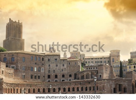Detail of the wonderful ancient view Imperial Fora, Rome at sunset