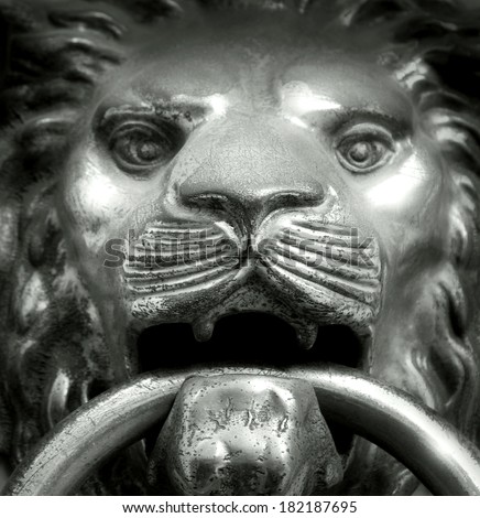 Close up of a handle door sculpture of a muzzle lion in black and white