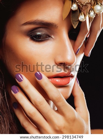 beauty young sencual woman with jewellery close up, luxury portrait of rich real girl, party makeup