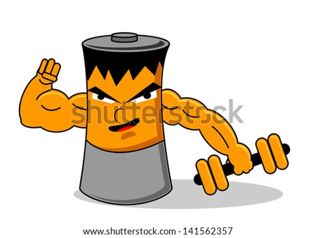 illustration vector graphic of cartoon character battery bring a dumbbell showing his power - stock vector