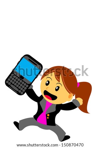 illustration cartoon character businesswoman with qwerty smartphone - stock vector