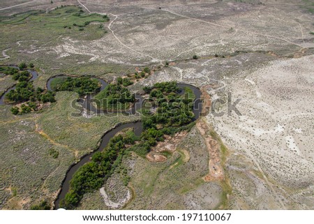 Aerial of a lush green river bed snaking along