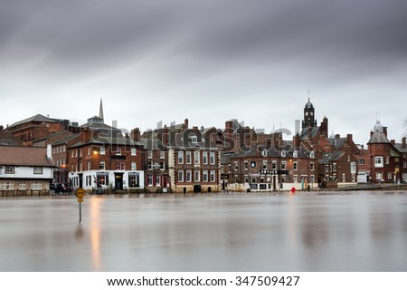 YORK, UK - DECEMBER 5th 2015: Floodwater at the Ouse Bridge in York City Centre after heavy rain, on 5th December  2015.