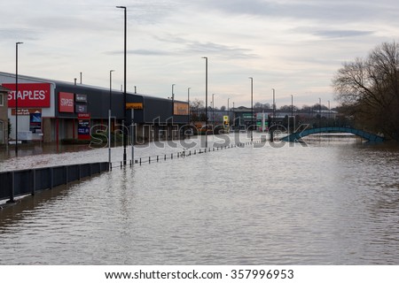 YORK, UK - DECEMBER 28th 2015: Flooded streets of Foss Island in York City Centre after heavy rain, on 28th December  2015.