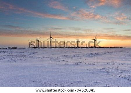 Sunrise on a new and sustainable energy source - a wind farm in North Yorkshire