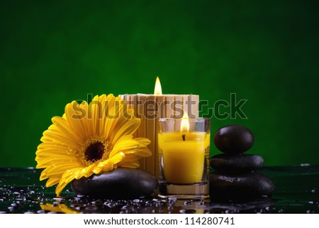 Spa still life with  candles yellow flower  pebble and water drop on green background