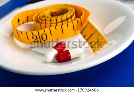 Measure and pills on white plate on blue background